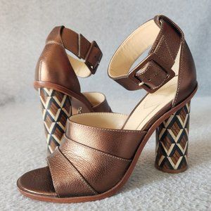 Brian Atwood B-Brandy 4" Wood Block Heel Sandal Ankle Strap Open Toe Leather